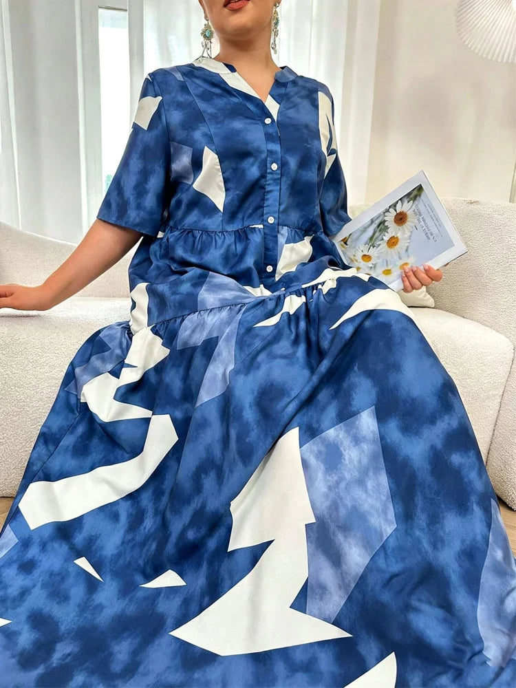 Abstract Button-Front Tiered Maxi Dress