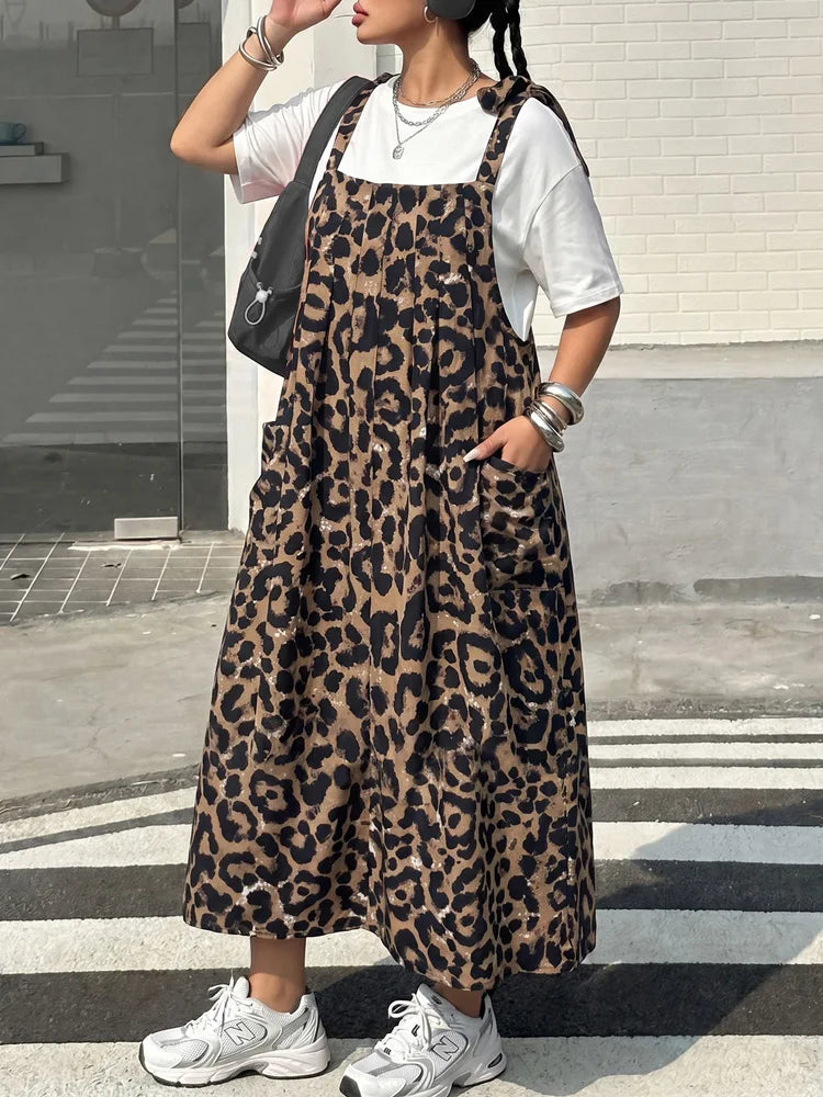Leopard Pocketed Pinafore Maxi Dress