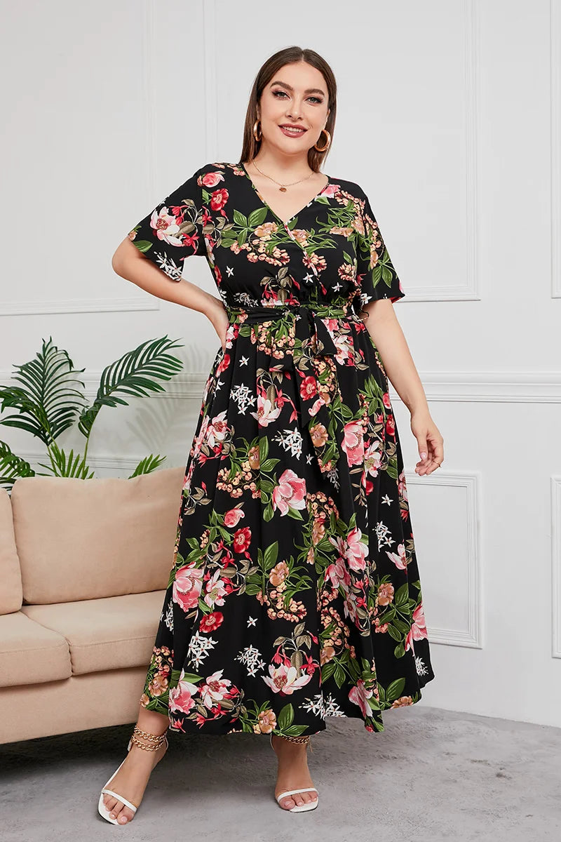 Floral Belted V-Neck Maxi Dress