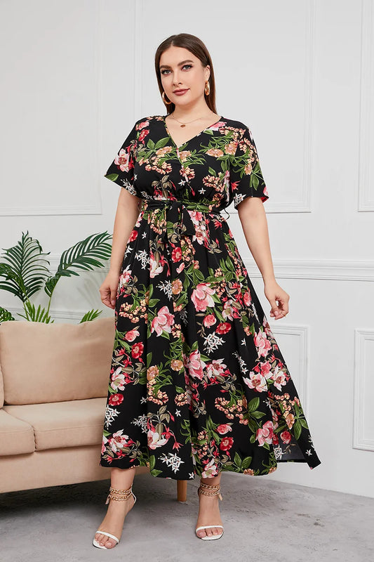 Floral Belted V-Neck Maxi Dress