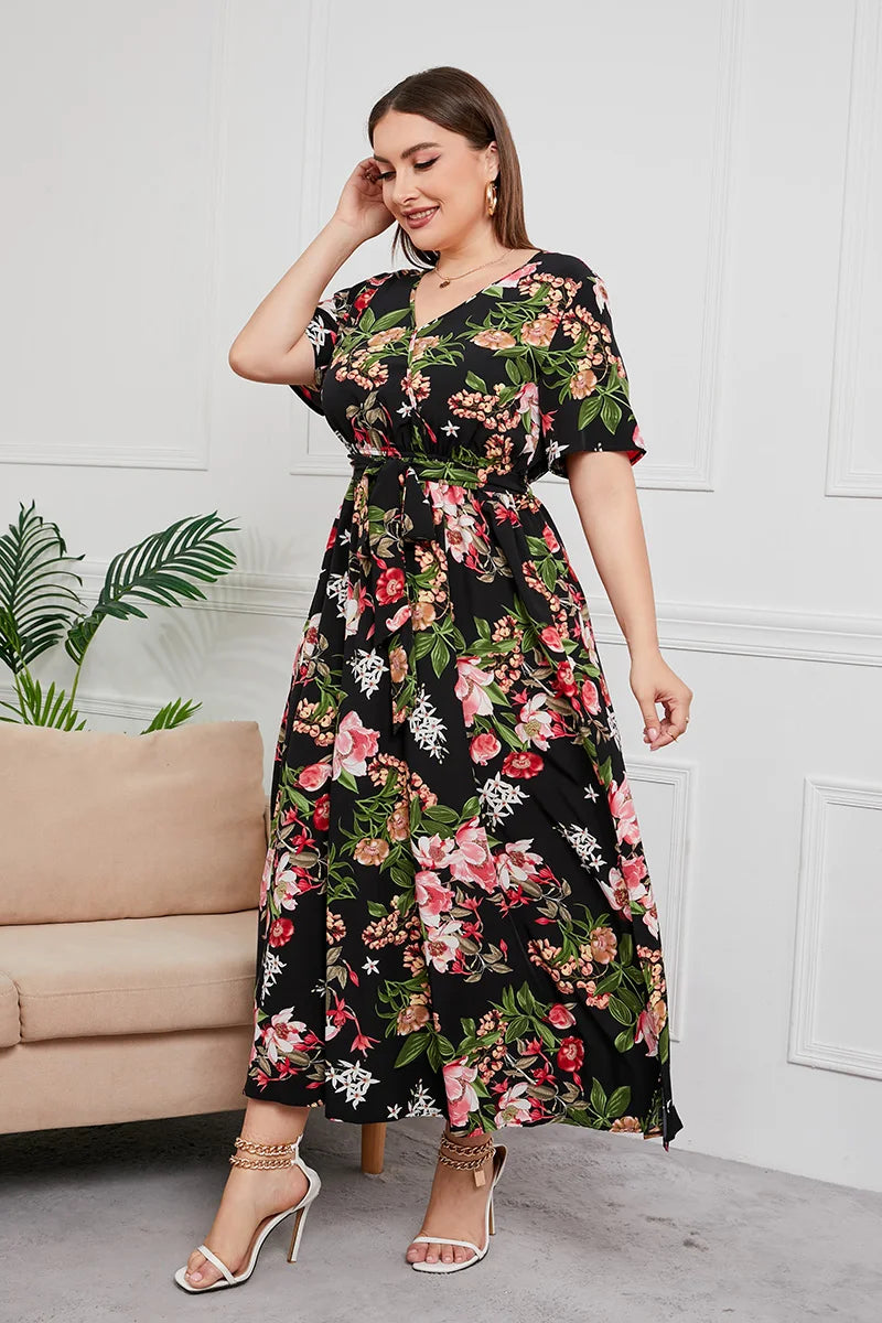 Floral Belted V-Neck Maxi Dress