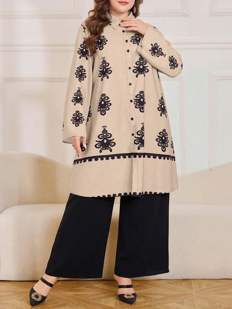 Motif Button Tunic & Wide-Leg Pants Set