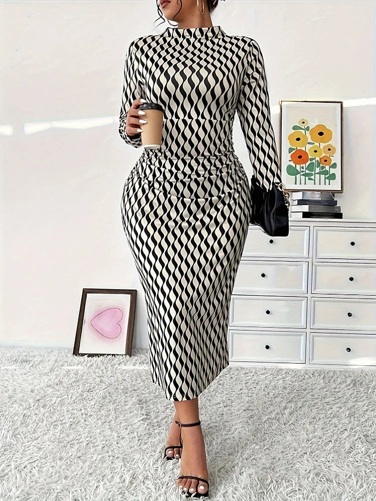 Wave-Print Mock-Neck Column Dress