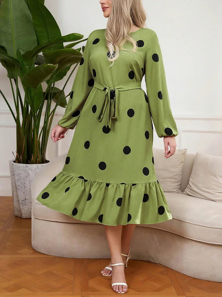 Oversized-Dot Belted Midi Dress