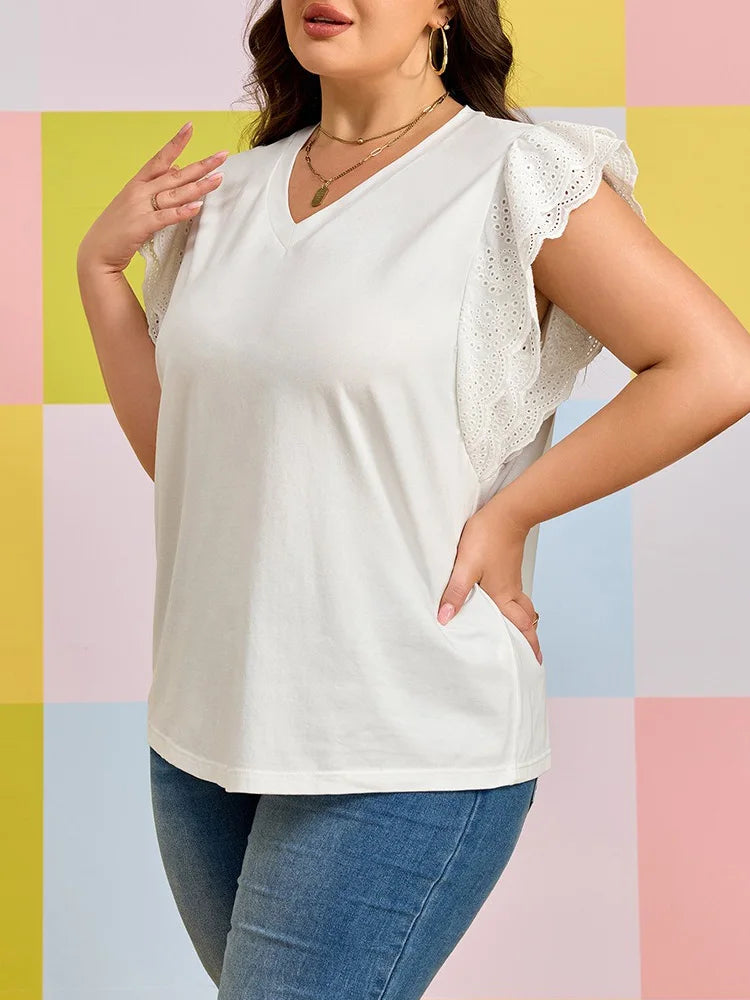 Eyelet Ruffle-Sleeve V-Neck Top