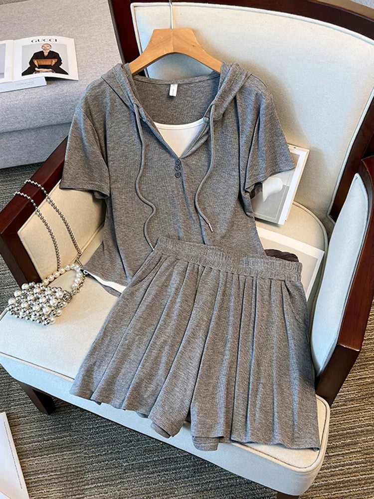 Short-Sleeve Hoodie & Pleated Shorts Set