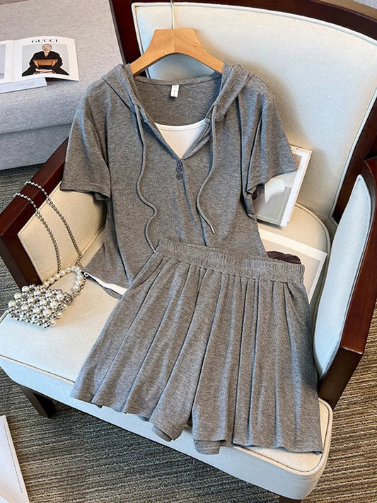 Short-Sleeve Hoodie & Pleated Shorts Set