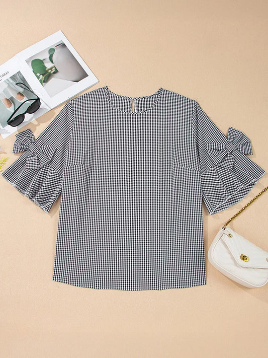 Gingham Bow-Sleeve Blouse