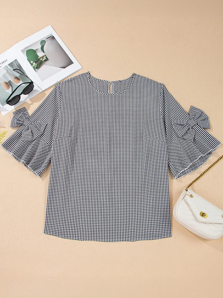 Gingham Bow-Sleeve Blouse