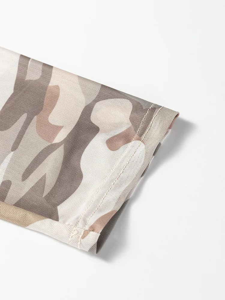 Camo-Print Sheer Long-Sleeve Top