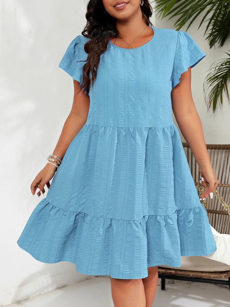 Textured Flutter-Sleeve Tiered Dress