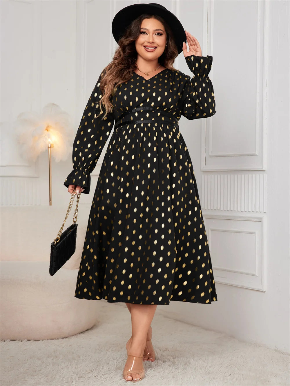 Metallic-Dot V-Neck Midi Dress