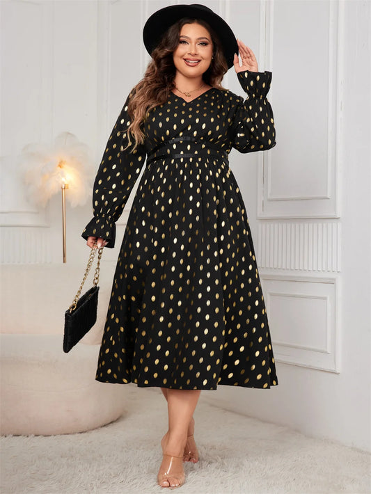 Metallic-Dot V-Neck Midi Dress