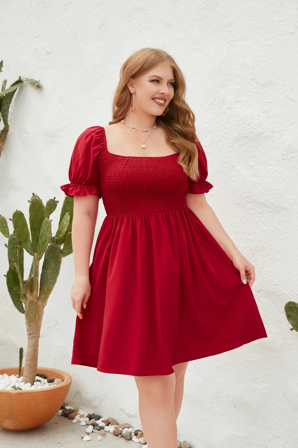 Smocked-Bodice Puff-Sleeve Mini Dress