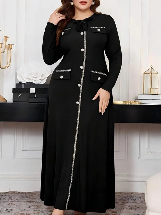 Bow-Neck Buttoned Maxi Dress