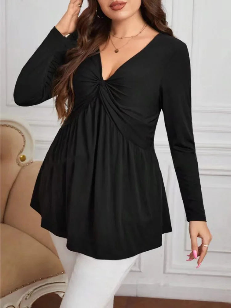 Ruched V-Neck Long-Sleeve Tunic