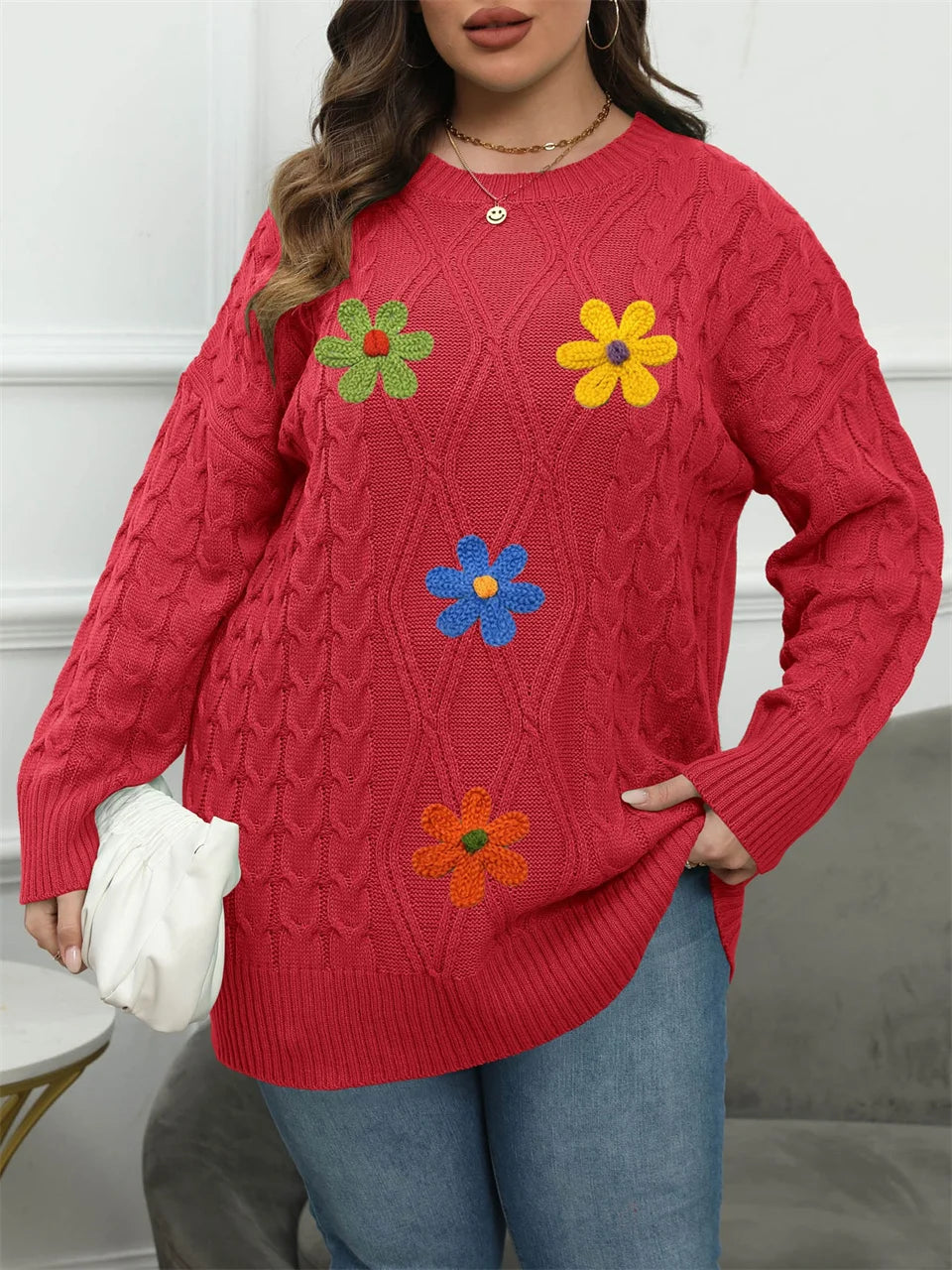Floral-Appliqué Off-Shoulder Sweater