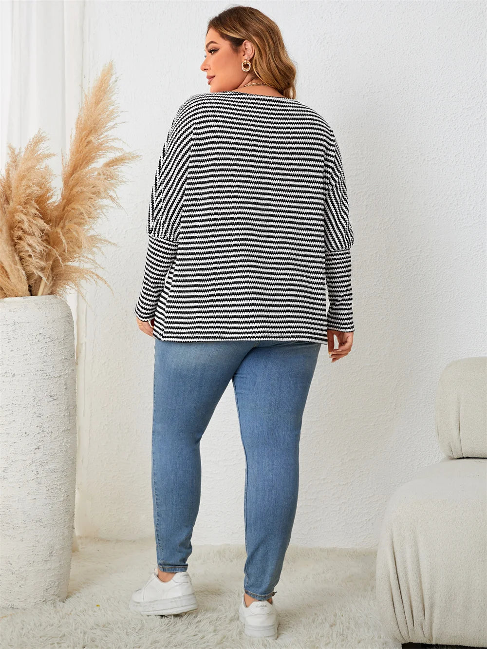 Striped Balloon-Sleeve Knit Top