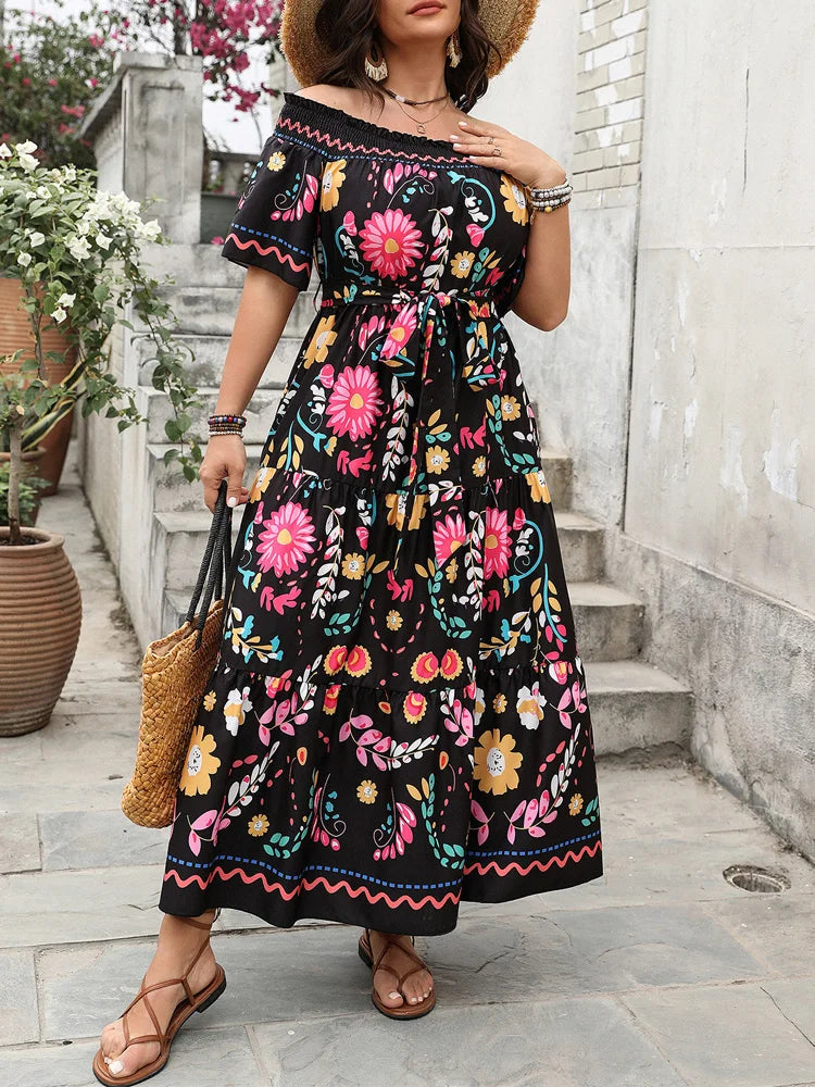 Folk-Floral Off-Shoulder Maxi Dress
