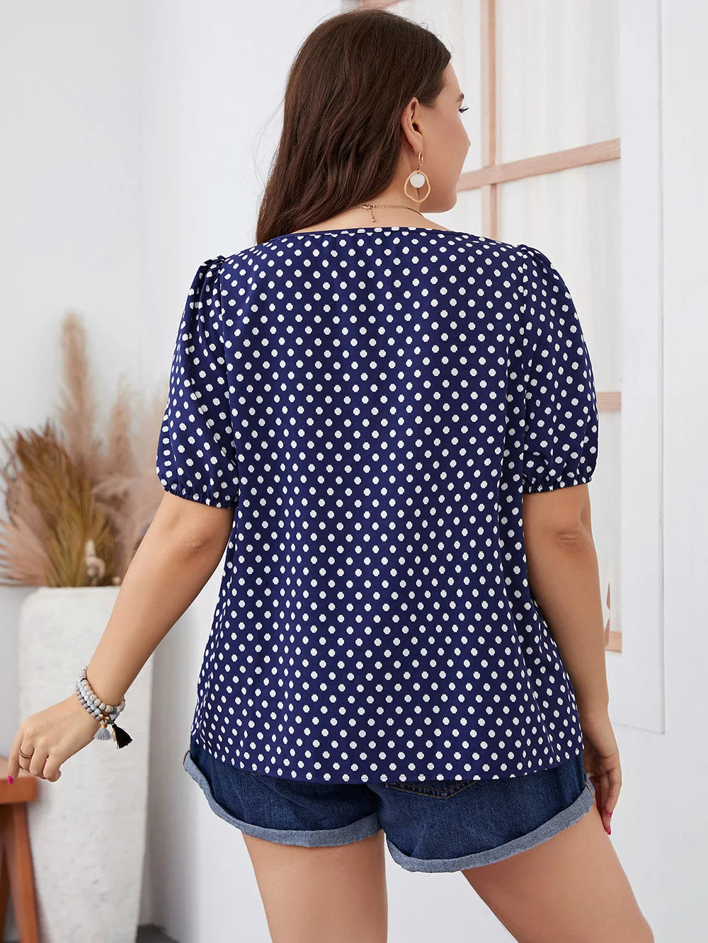 Polka-Dot Square-Neck Puff-Sleeve Blouse