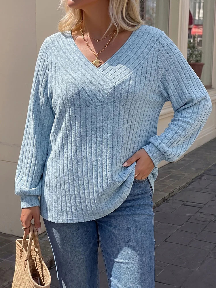 Relaxed Ribbed V-Neck Top