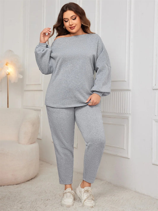 Off-Shoulder Sweatshirt & Tapered Pants Set