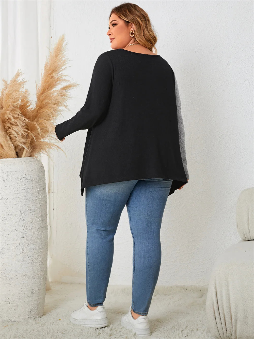 Colorblock Asymmetric-Hem Long-Sleeve Top