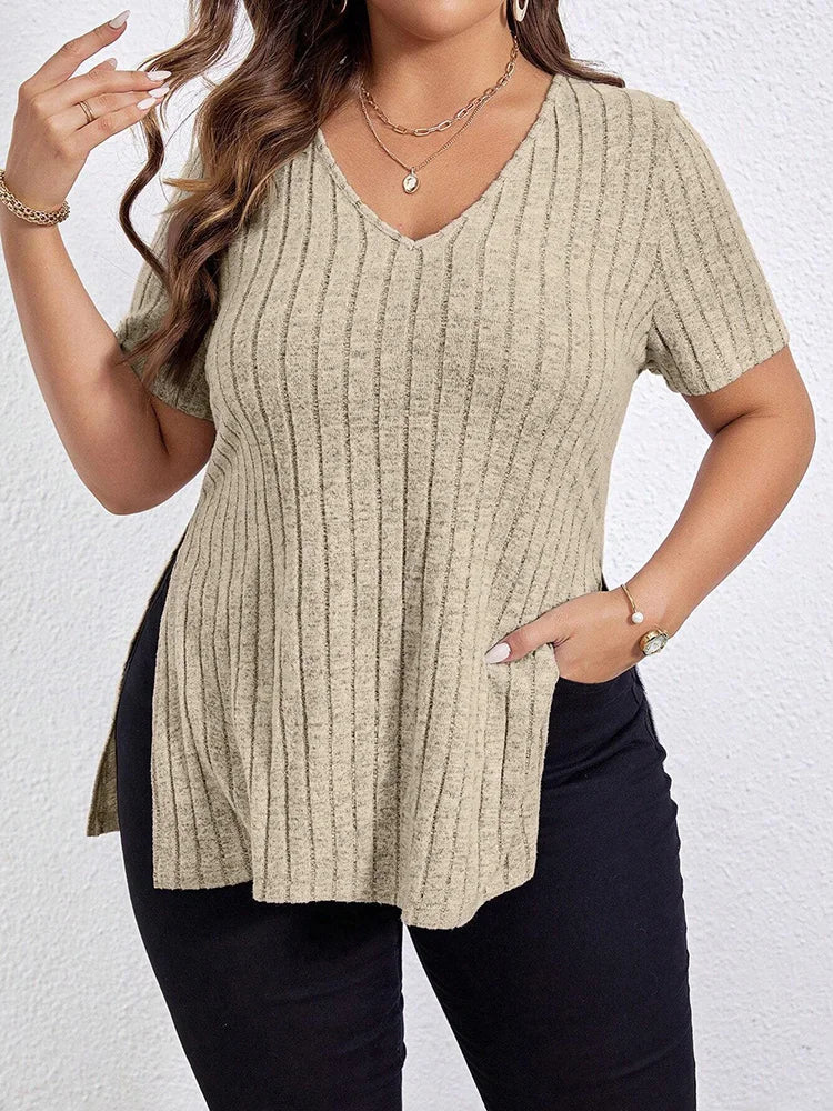 Ribbed V-Neck Side-Slit Tunic