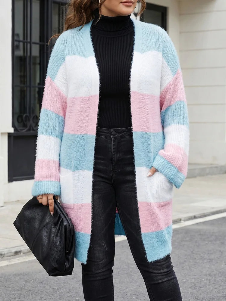 Pastel-Stripe Open-Front Longline Cardigan