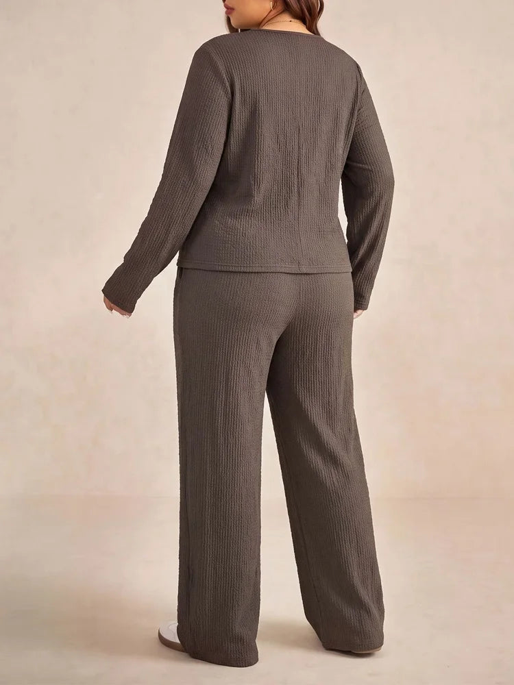 Ribbed Tie-Hem Top & Wide-Leg Pants Set