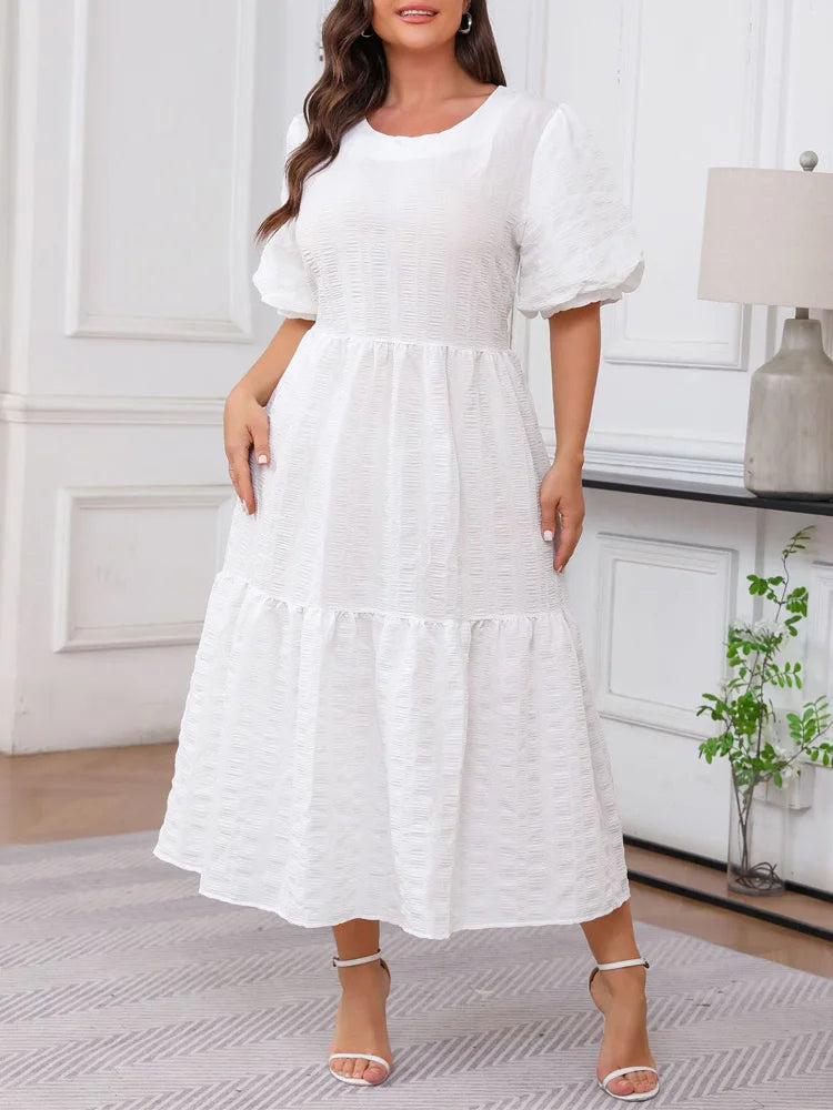 Textured Puff-Sleeve White Maxi Dress