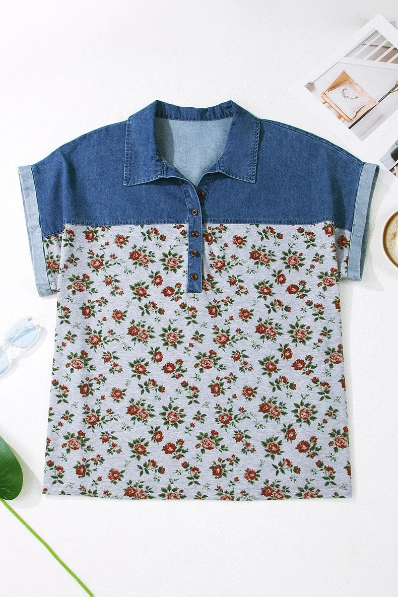 Floral Denim-Look Polo Blouse