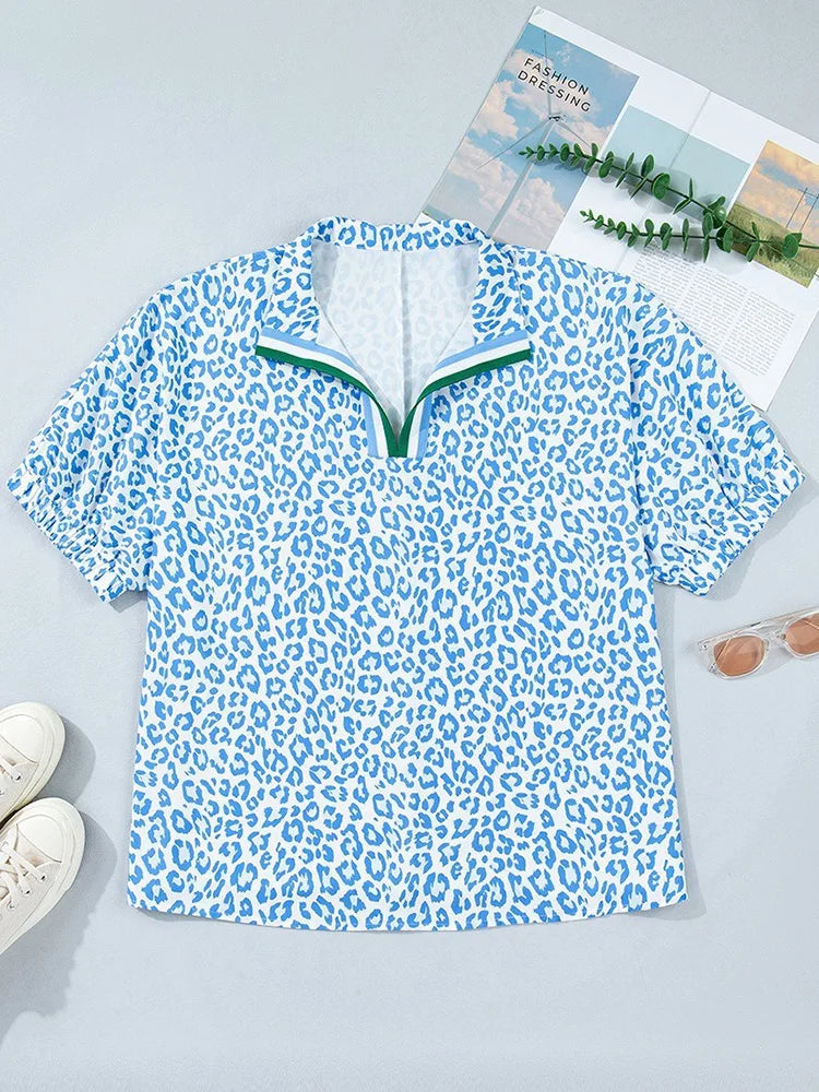 Blue Leopard Polo Blouse