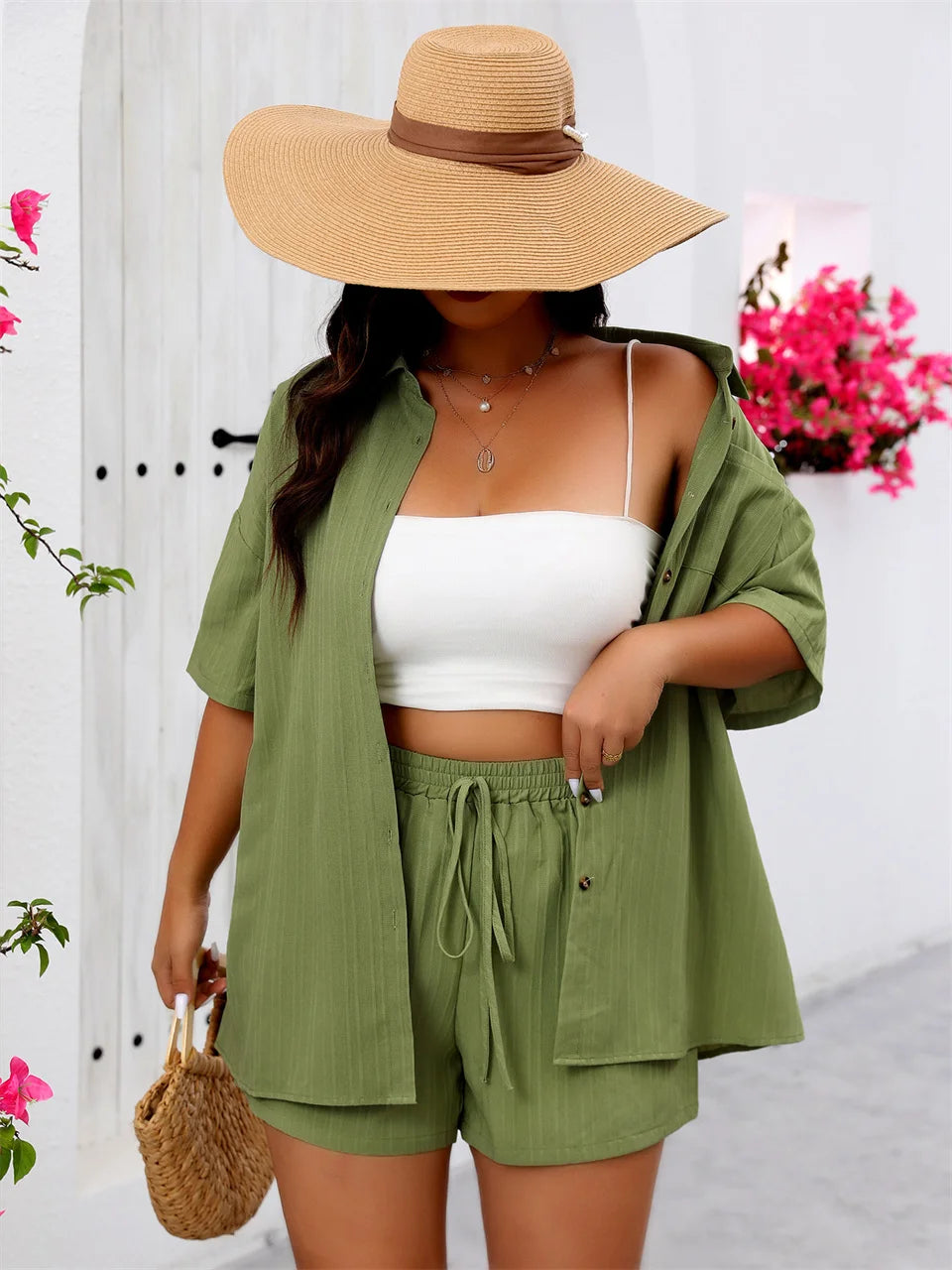 Pocket Shirt & Drawstring Shorts Set