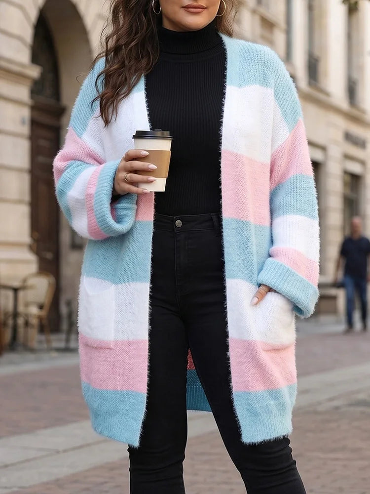 Pastel-Stripe Open-Front Longline Cardigan
