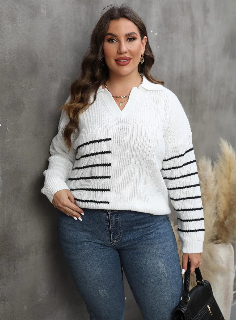 Asymmetric-Stripe Polo-Collar Sweater