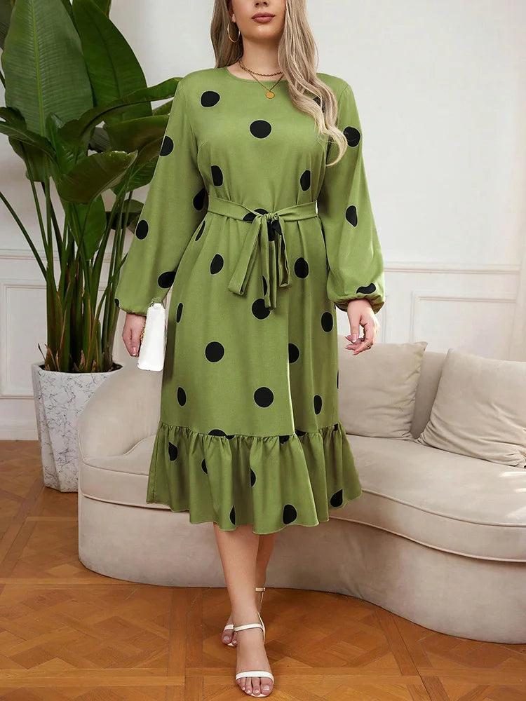 Oversized-Dot Belted Midi Dress