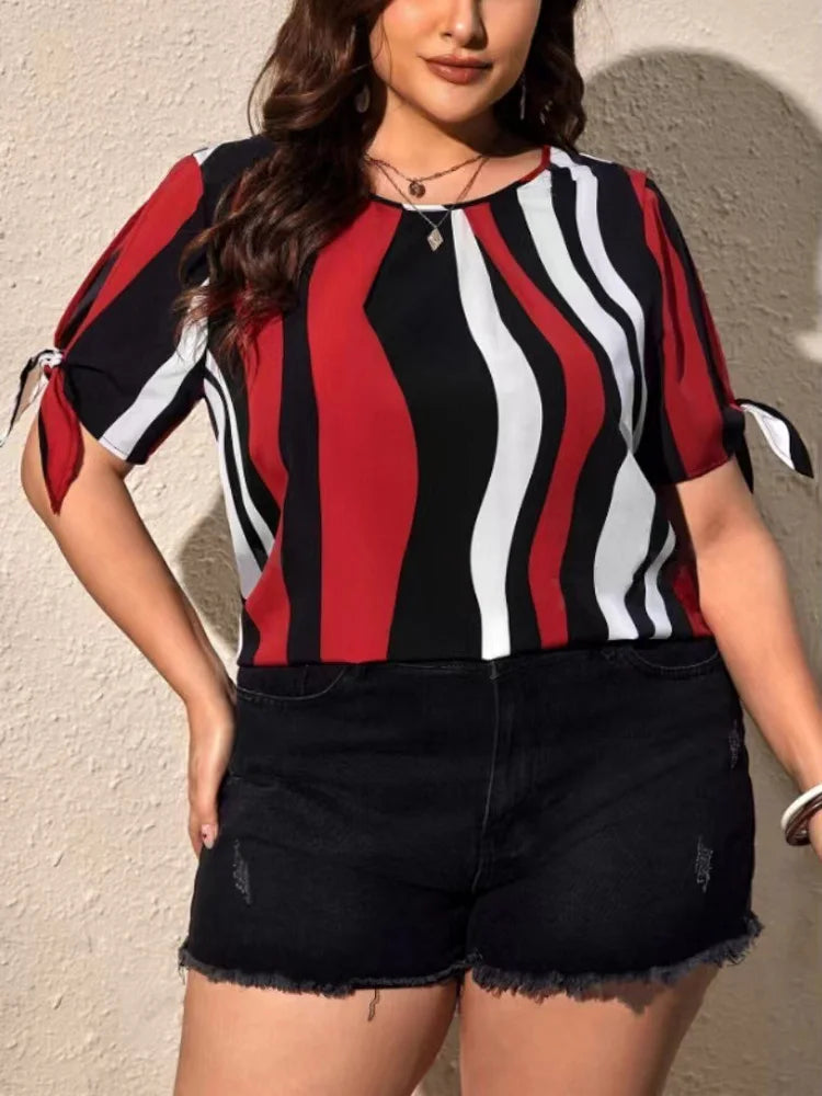 Wavy-Stripe Bow-Sleeve Top