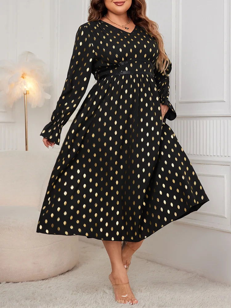 Metallic-Dot V-Neck Midi Dress
