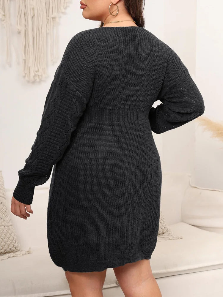 Floral-Appliqué V-Neck Sweater Dress