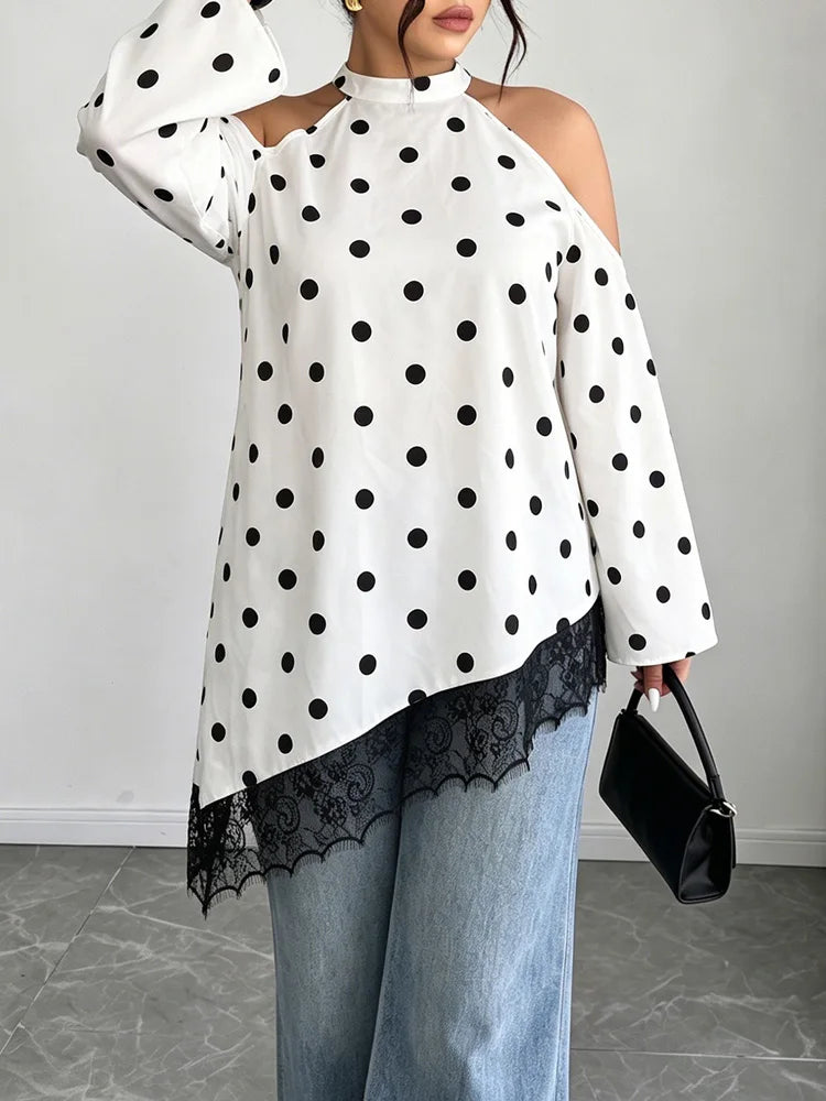 Polka-Dot Cold-Shoulder Lace Blouse