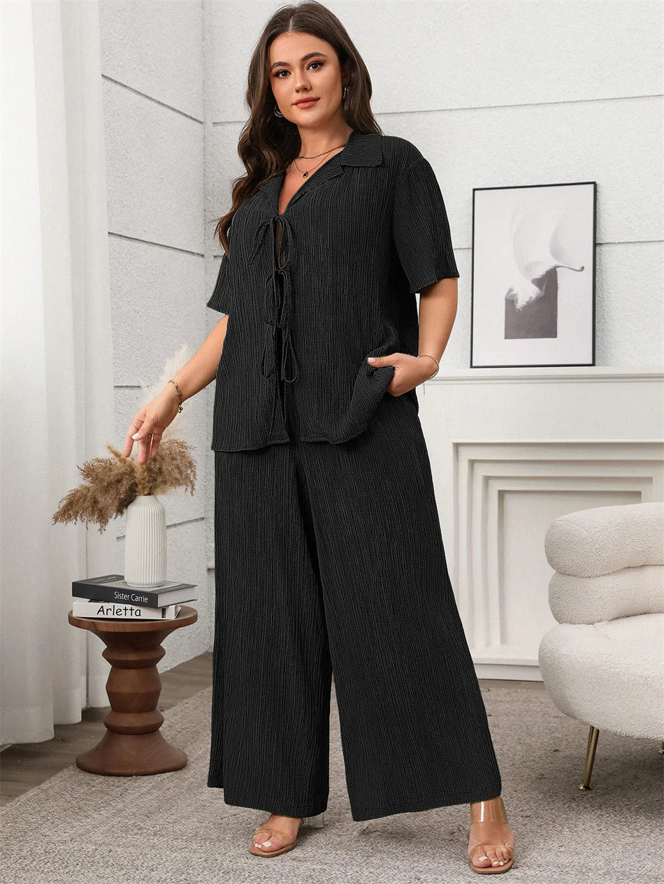 Tie-Front Shirt & Wide-Leg Pants Set