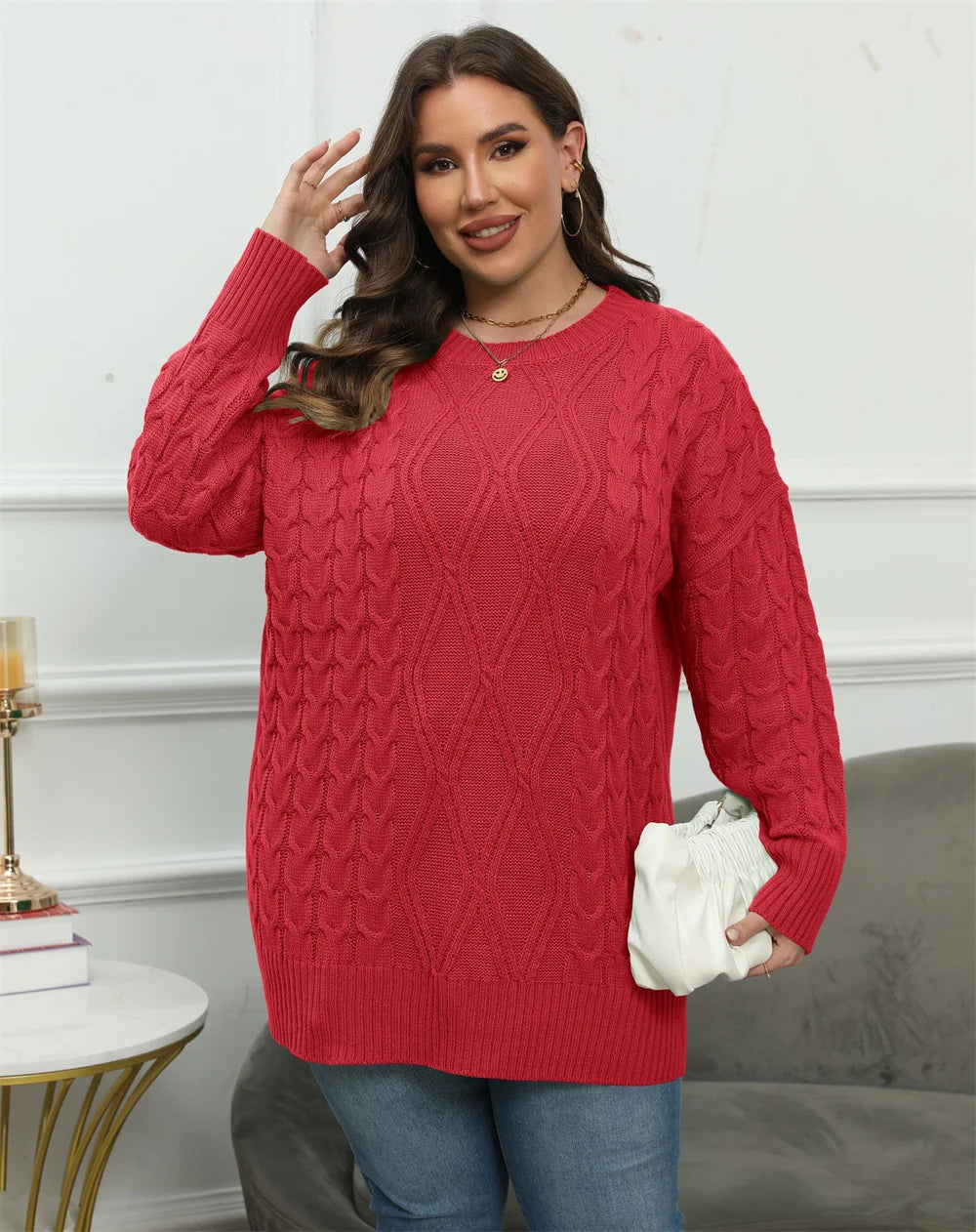 Cable-Knit Longline Crew-Neck Sweater