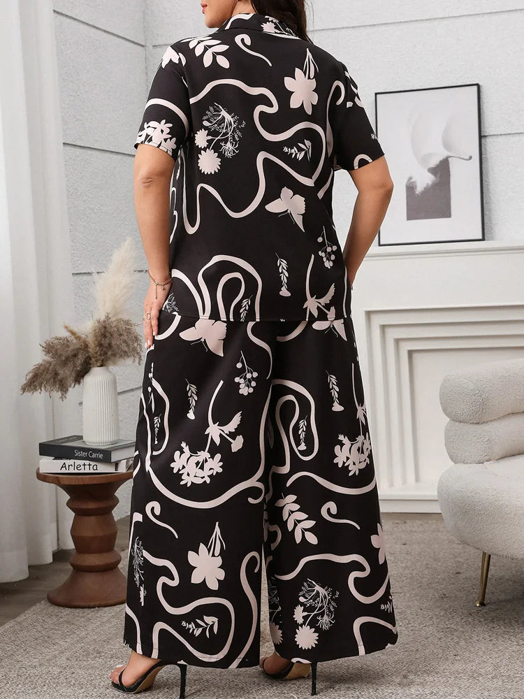 Abstract-Floral Shirt & Wide-Leg Pants Set
