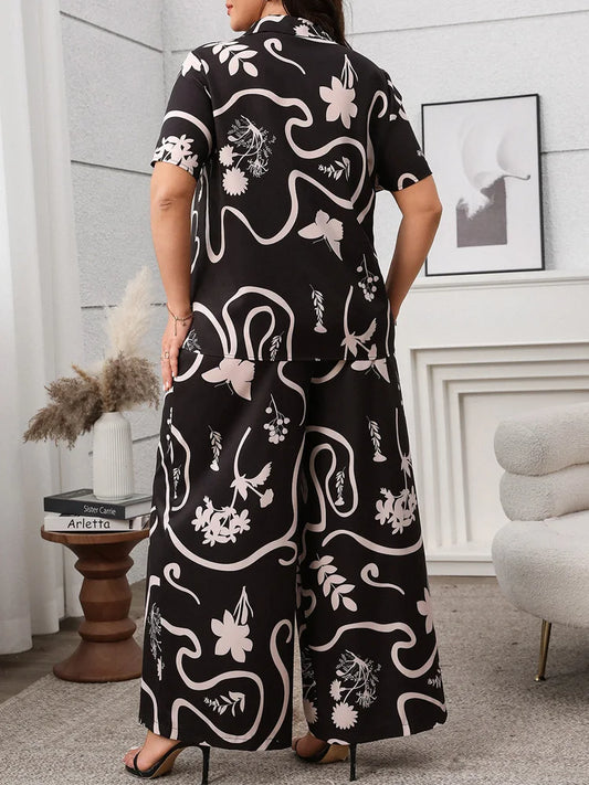 Abstract-Floral Shirt & Wide-Leg Pants Set