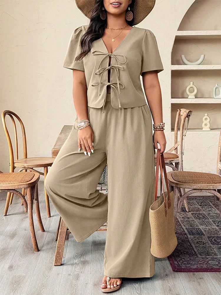Tie-Front Top & Wide-Leg Pants Set