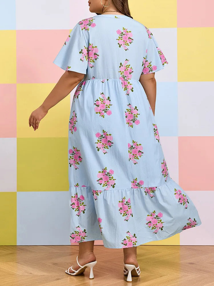 Ditsy-Floral Flutter-Sleeve Maxi Dress