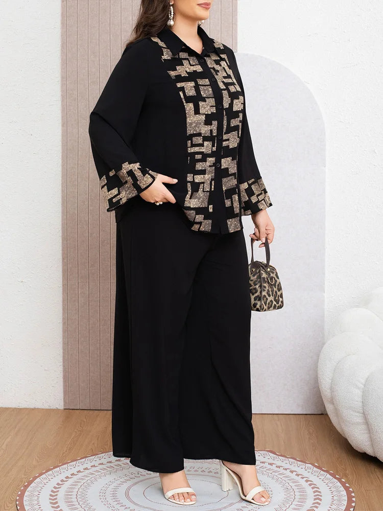 Geometric-Panel Shirt & Wide-Leg Pants Set