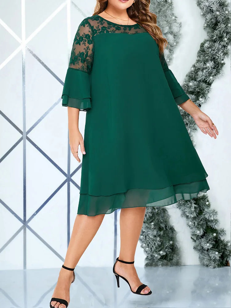 Lace-Yoke Layered Midi Dress