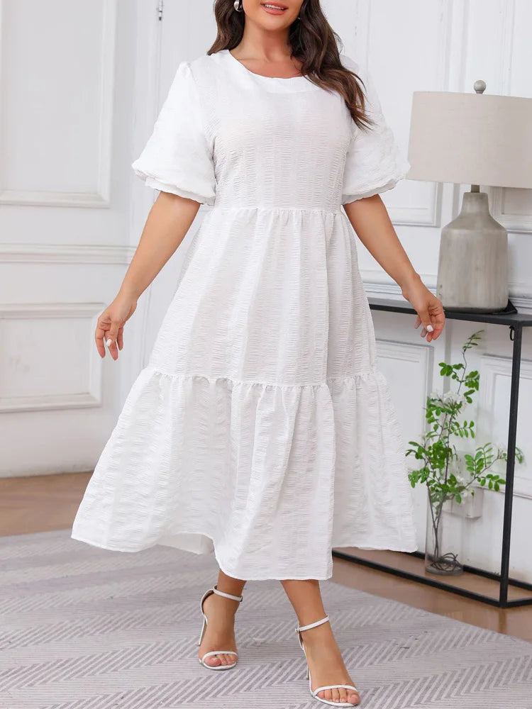 Textured Puff-Sleeve White Maxi Dress